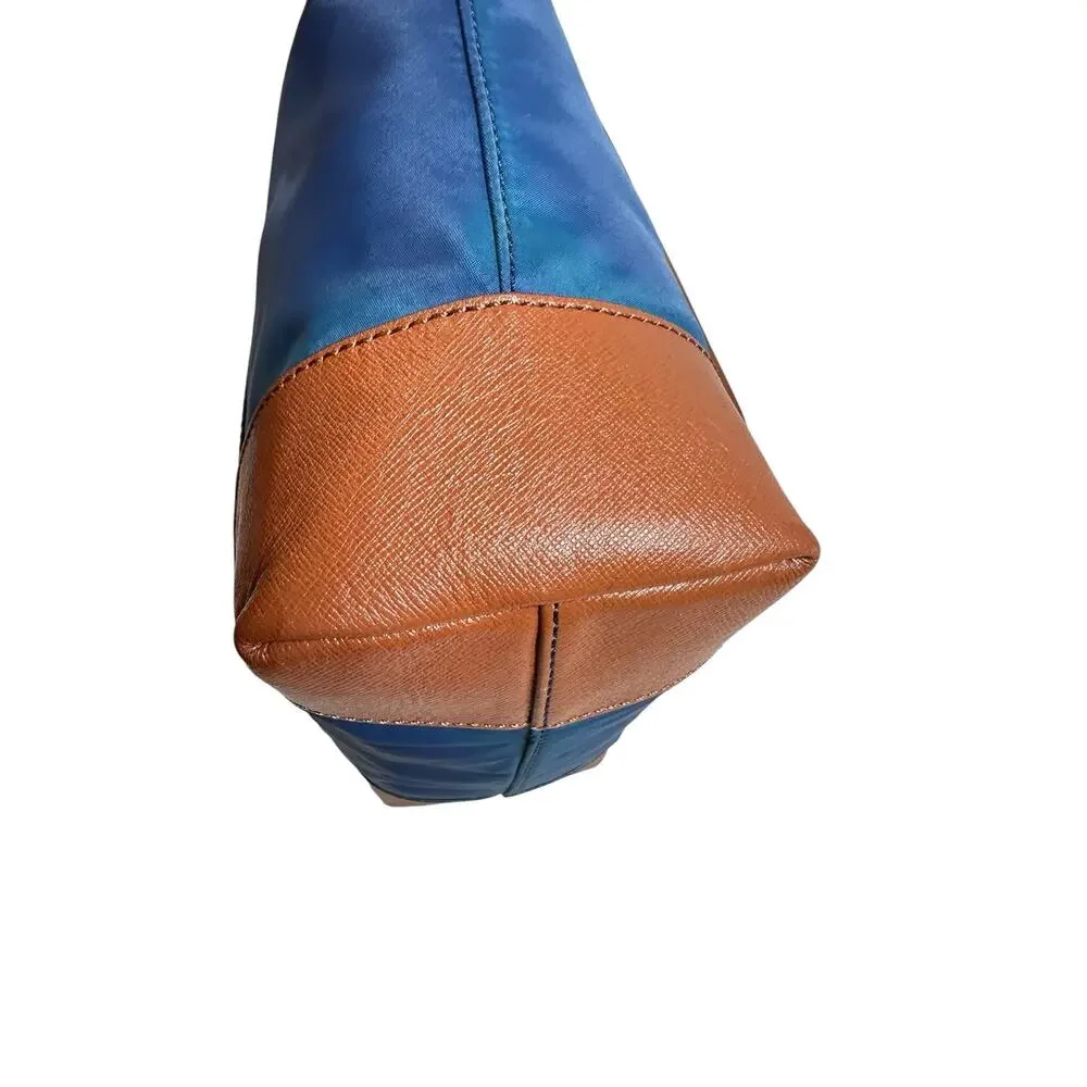 Tory Burch Blue Nylon Tote Tan Leather Trim Gold Hardware Shoulder Bag